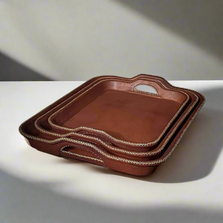 Natural Brown Leather Serving Tray Set of Three | Leather Tray | Leather Valet Tray | Leather Catch All | Coffee Table Tray | Ottoman Tray | Bar Tray | Restaurant Serving Tray | Leather Furniture | Bati Leather Goods