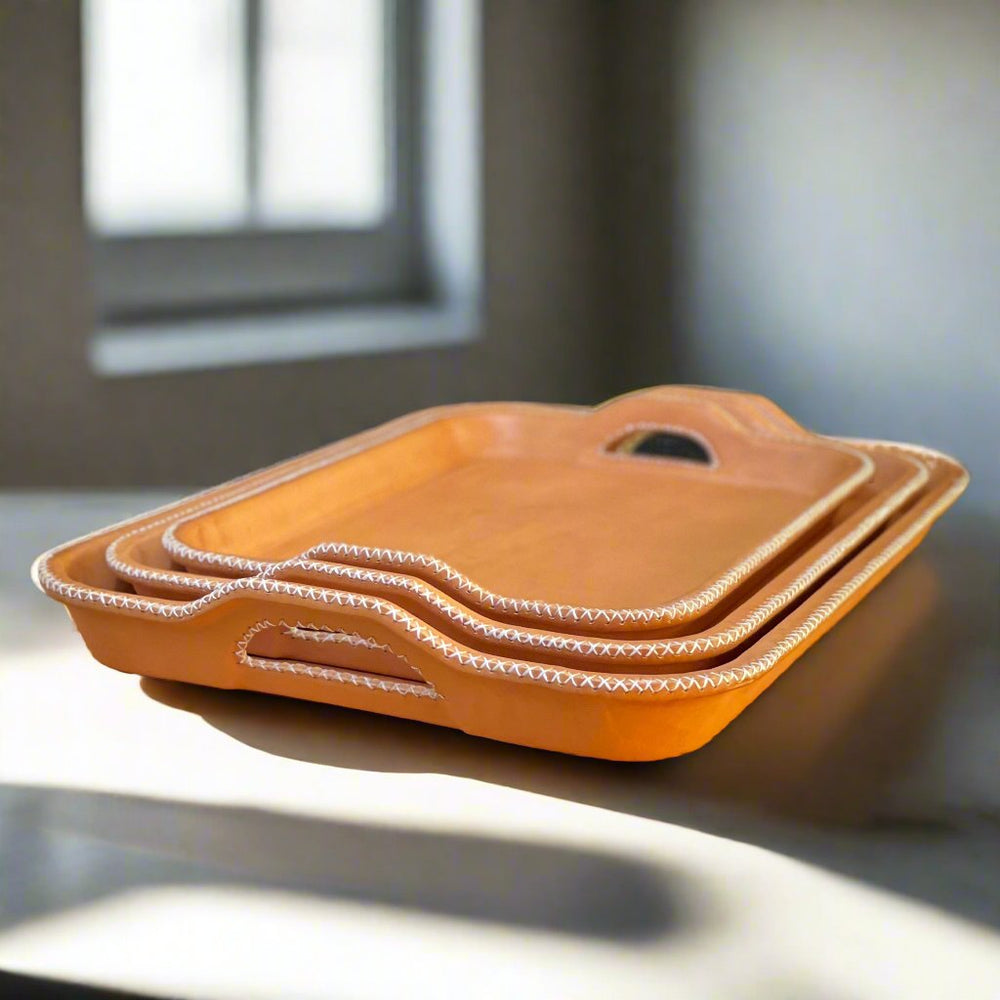 Natural Tan Leather Serving Tray Set of Three | Leather Tray | Leather Valet Tray | Leather Catch All | Coffee Table Tray | Ottoman Tray | Bar Tray | Restaurant Serving Tray | Leather Furniture | Bati Leather Goods