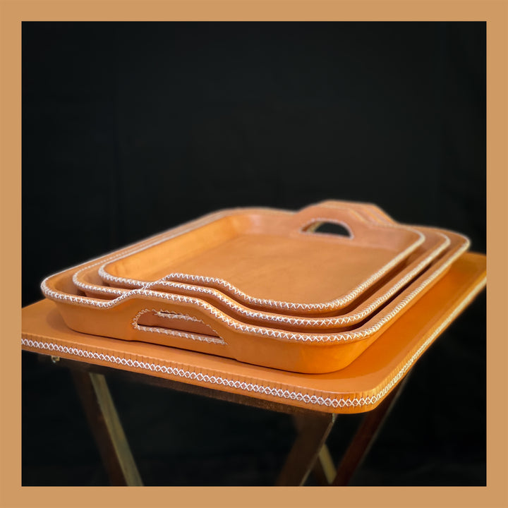 Natural Leather Serving Tray Set of Three | Leather Tray | Leather Valet Tray | Leather Catch All | Coffee Table Tray | Ottoman Tray | Bar Tray | Restaurant Serving Tray | Leather Furniture | Bati Leather Goods