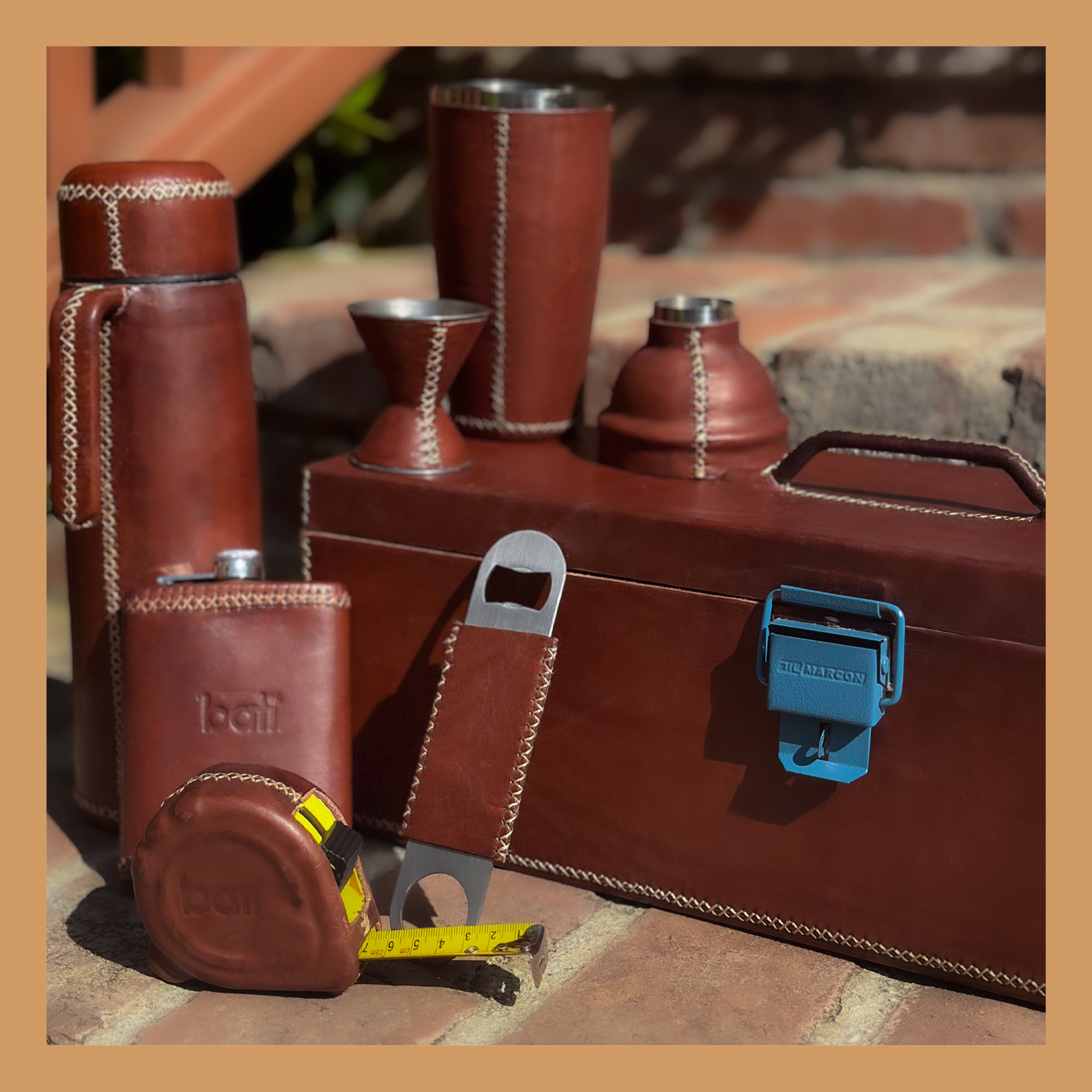 Leather Flask, Thermos, Bottle Opener, Leather Tool Box, Tape Measurer, Men's Gifts, Leather Bar Accessories