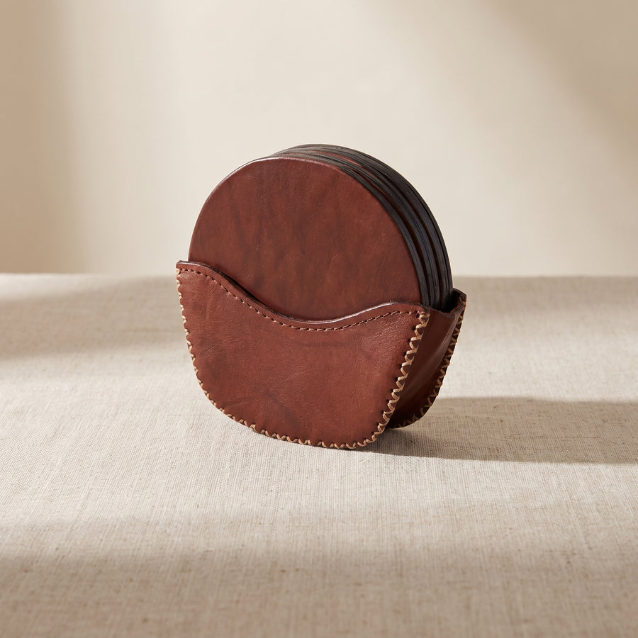 Natural Brown Leather Coaster Set | Leather Coasters | Bartender Accessories | Leather Cocktail Shaker | Cocktail Shaker | Wine Bag | Wine Bucket | Ice Bucket | Leather Accessories | Martini Shaker | Bati Leather Goods