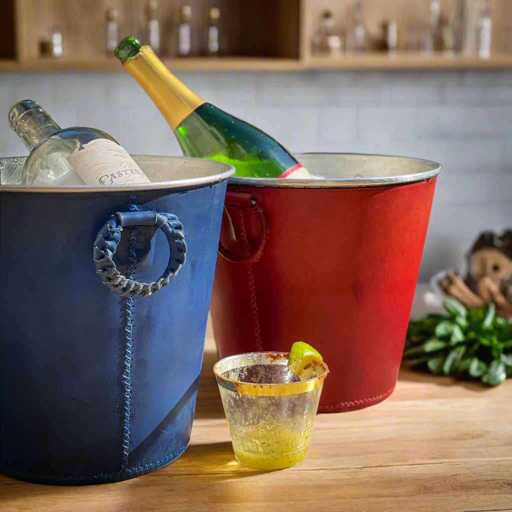 Bati | Blue Leather Champagne Bucket | Leather Ice Bucket | Ice Bucket | Leather Bucket | Leather Wine Bucket | Leather Barware | Leather Drinkware | Leather Accessories | Leather Home Decor | Interior Design | Leather Home Goods