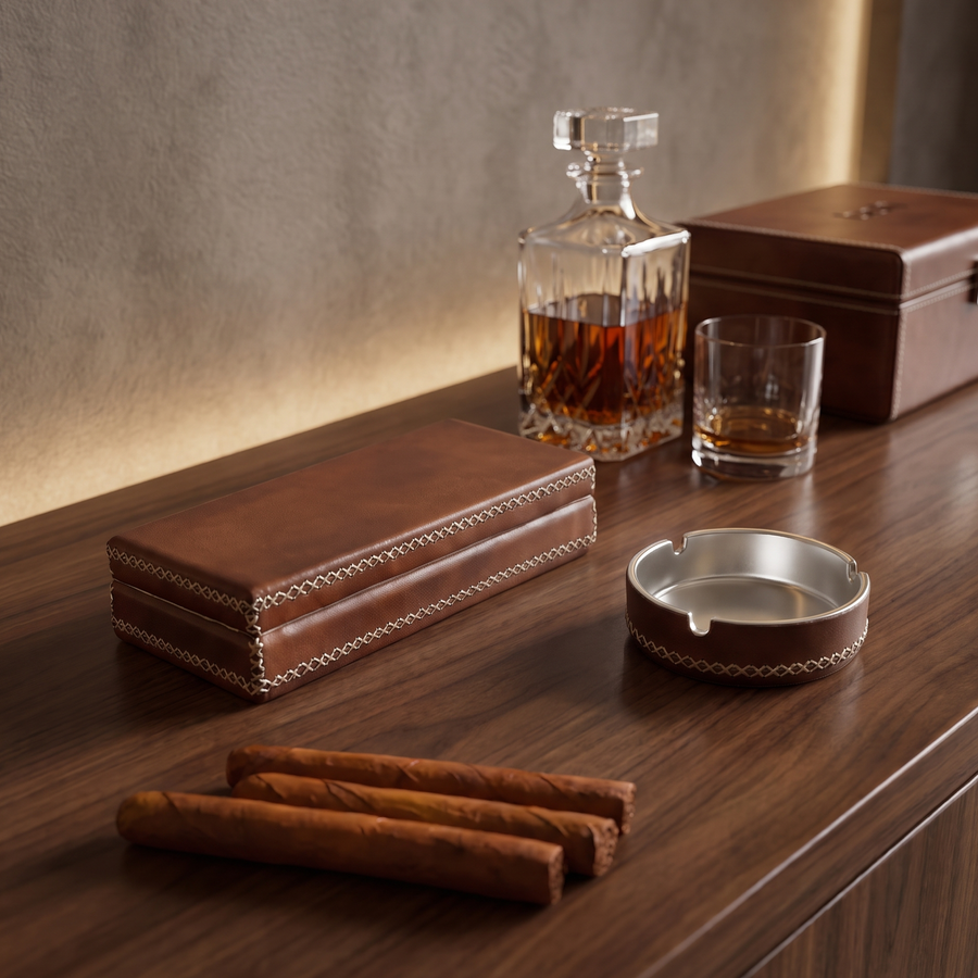 Cognac Leather Cigar Box, Ash Tray |  Cigar Box | Cigar Case | Best Gifts for Men | Cigar Cutter, Leather Humidor |  Best Mens Gifts |  Bartender Accessories |  Mens Gifts |  Bati Leather Goods