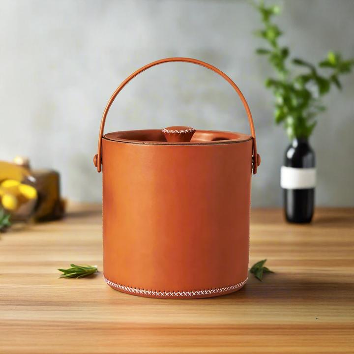 Natural Leather Ice Bucket with Tongs | Bati Leather Goods | Leather Wine Bucket | Wine Accessories | Leather Barware | Leather Cocktail Shaker | Leather Martini Shaker | Leather Tongs | Leather Jigger | Leather Bucket | Leather Furniture | Interior Design | Home Decor