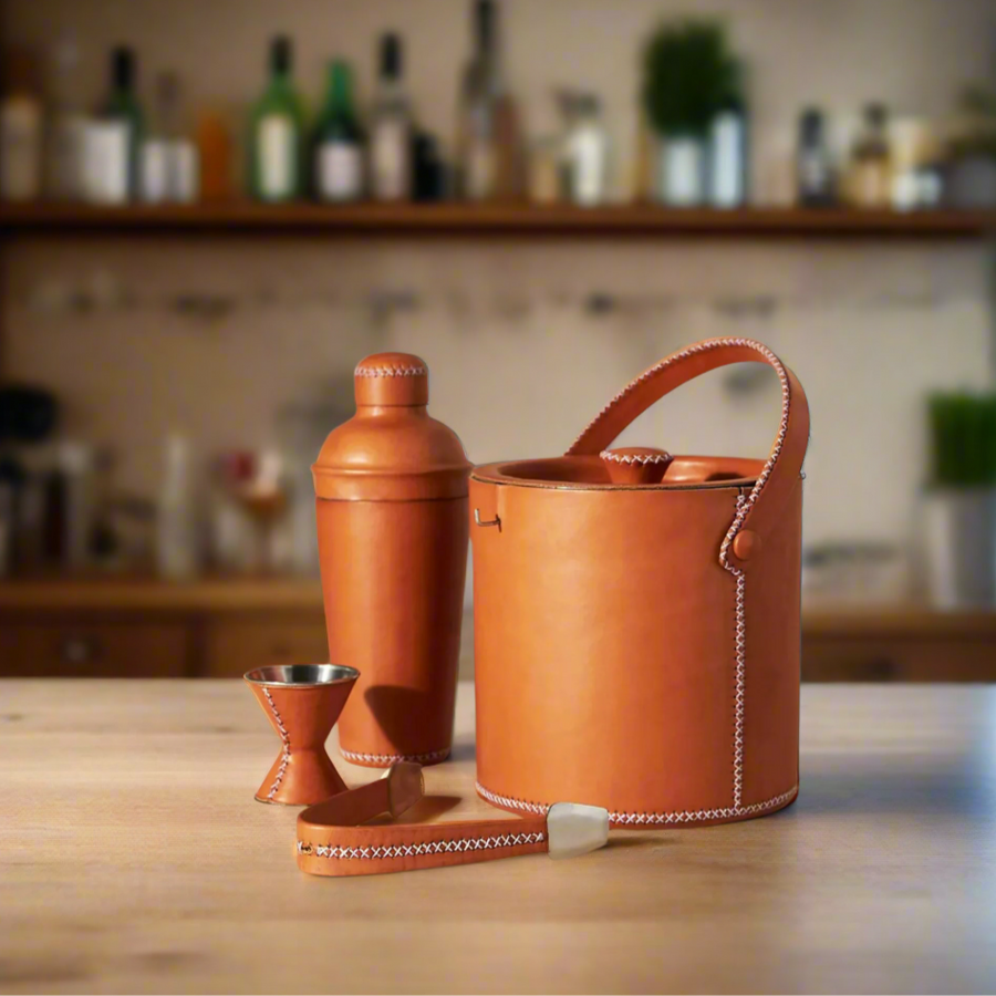 Natural Leather Cocktail Shaker Set | Bartender Shaker Set | Leather Cooler | Leather Cooler Bag | Leather Bag | Leather Wine Bag | Leather Caddy | Bartender Accessories | Leather Martini Shaker | Interior Design | Home Decor | Bati Leather Goods