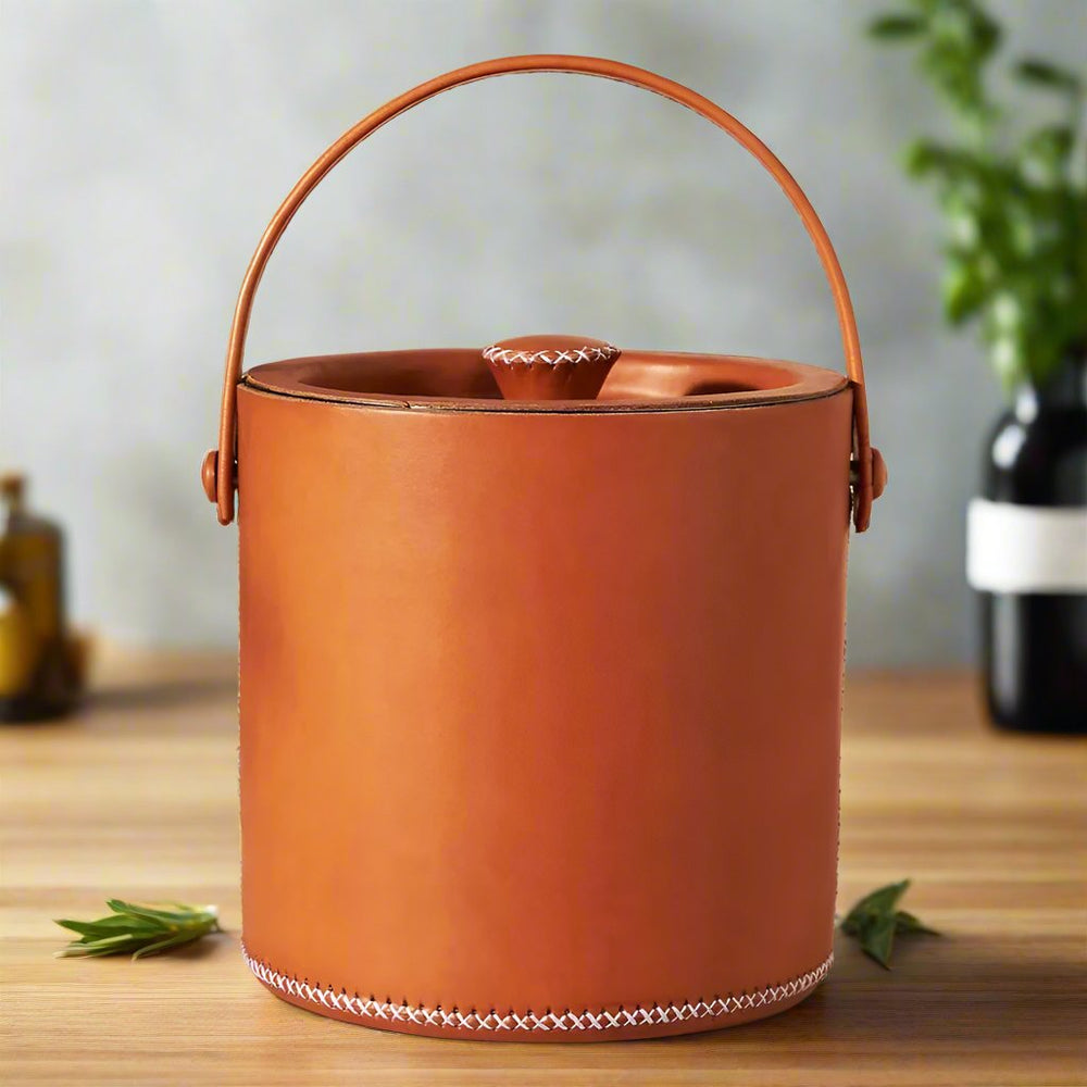 Natural Leather Ice Bucket with Tongs | Bati Leather Goods | Leather Wine Bucket | Wine Accessories | Leather Barware | Leather Cocktail Shaker | Leather Martini Shaker | Leather Tongs | Leather Jigger | Leather Bucket | Leather Furniture | Interior Design | Home Decor