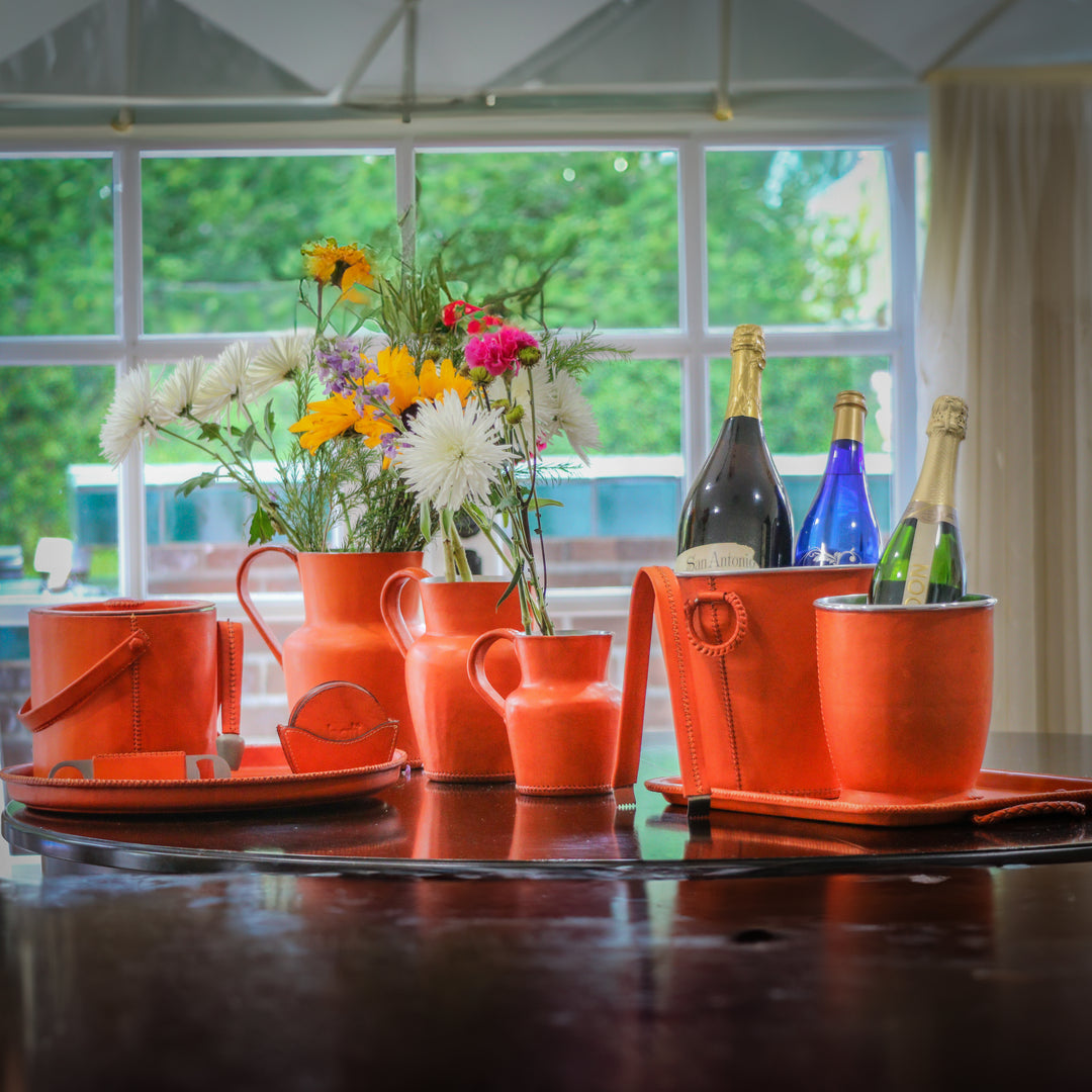 Orange Leather Carafe | Leather Pitcher | Leather Vase | Leather Home Goods | Home Goods | Home and Garden | Interior Design | Leather Tablewares | Leather Barwares | Leather Accessories | Bati Leather Goods