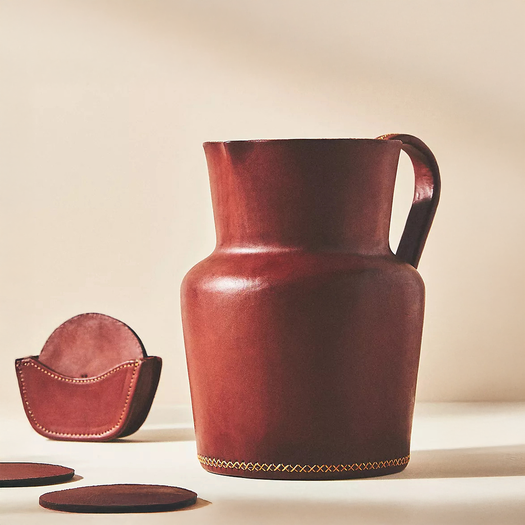 Brown Natural Leather Carafe | Brown Leather Pitcher | Leather Cup | Leather Coaster Set | Luxury Bar Accessories | Leather Candle Handle | Leather Glass Holder | Leather Vase | Leather Tote | Leather Purse | Leather Bags