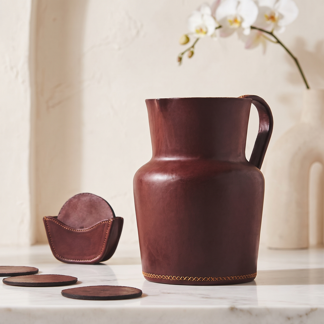 Natural Brown Leather Carafe | Leather Pitcher | Leather Vase | Leather Home Goods | Home Goods | Home and Garden | Interior Design | Leather Tablewares | Leather Barwares | Leather Accessories | Bati Leather Goods