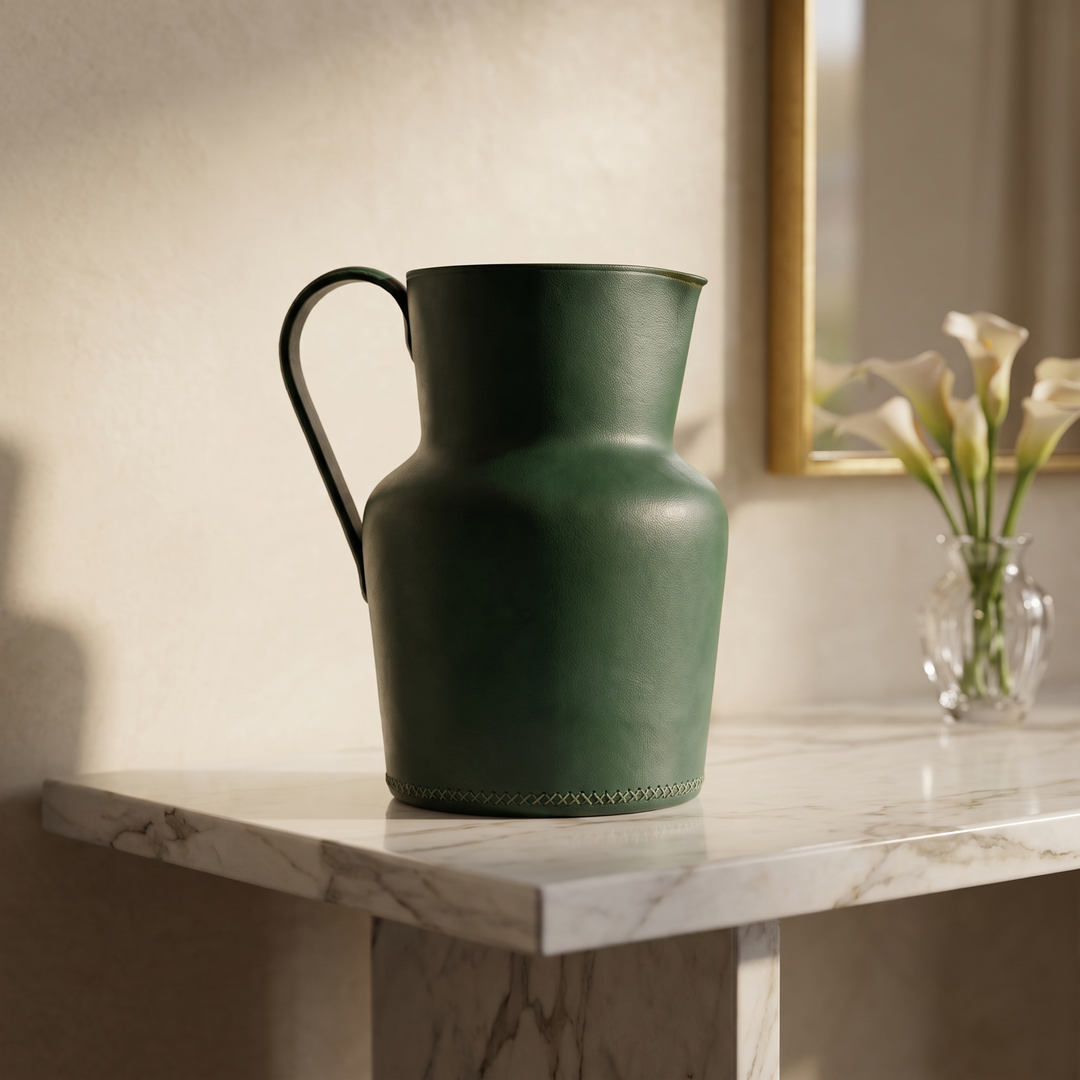 Natural Green Teal Turquoise Leather Carafe | Leather Pitcher | Leather Vase | Leather Home Goods | Home Goods | Home and Garden | Interior Design | Leather Tablewares | Leather Barwares | Leather Accessories | Bati Leather Goods