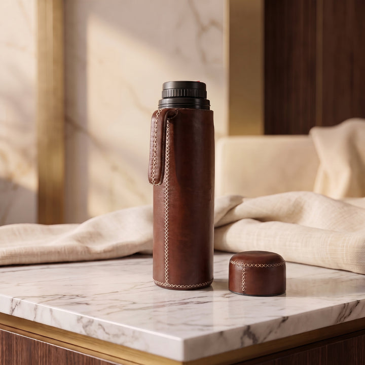 Natural Cognac Leather Thermos | Heated Thermos | Insulating Thermos | Mens Gifts | Leather Coolers | Leather Thermoses | Best Outdoor Thermos | Best Mens Gifts | Gifts for Men | Camping Thermos Canteen | Bottle Opener | Leather Bar Stool | Leather Chair | Leather Bar Accessories | Best Bar Cart