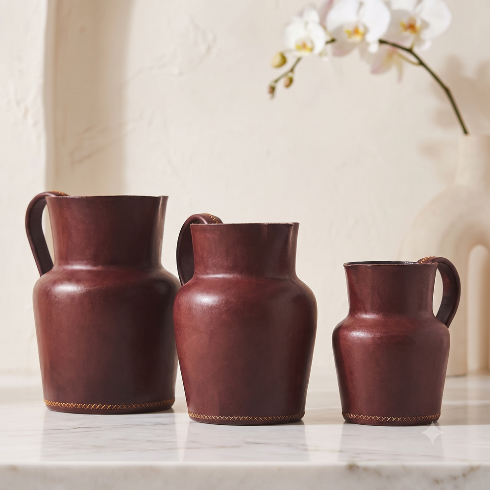 Natural Brown Leather Carafe | Leather Pitcher | Leather Vase | Leather Home Goods | Home Goods | Home and Garden | Interior Design | Leather Tablewares | Leather Barwares | Leather Accessories | Bati Leather Goods