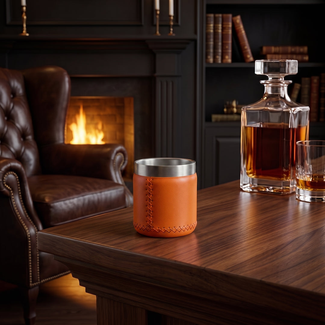 Natural Orange Leather Whiskey Cup | Leather Tumbler | Whiskey Tumbler | Leather Cups | Best Bar Glasses | Bar Tools Accessories | Best Bar Cart | Leather Bar Tray | Best Cocktail Shaker Set | Leather Bar Tray | Best Mens gifts | Best Gifts for Men