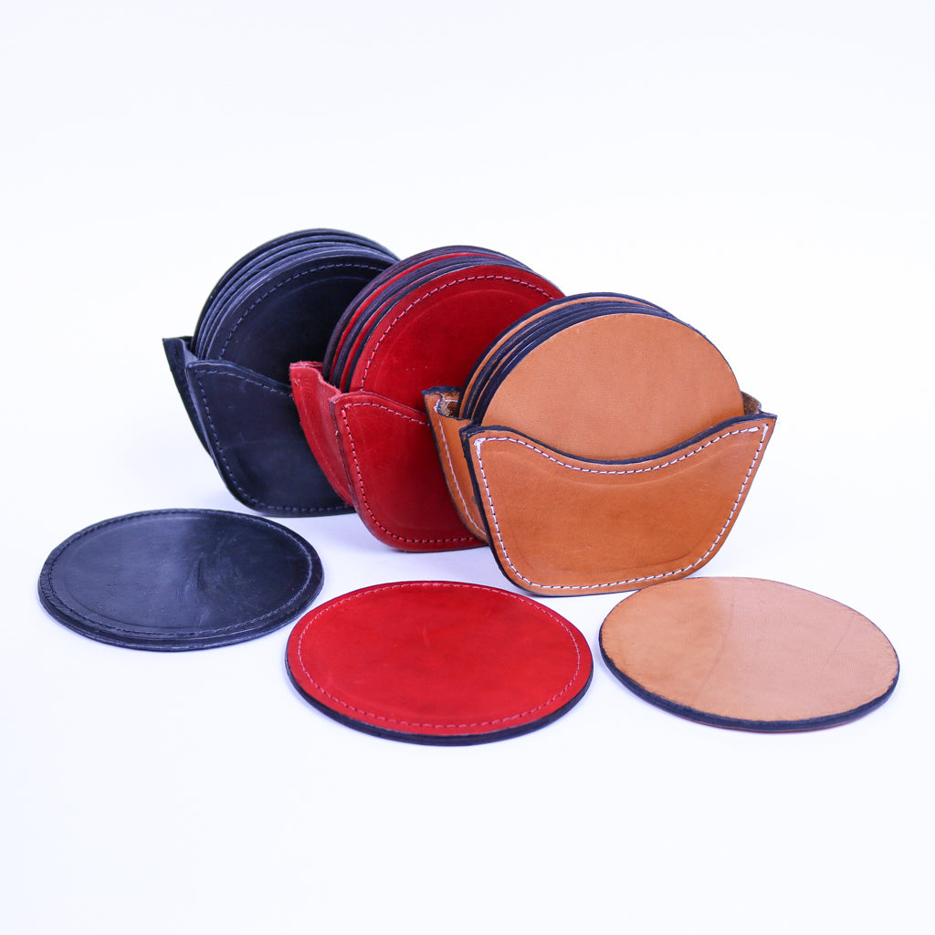 Natural Leather Coaster Set | Leather Coasters | Bartender Accessories | Leather Cocktail Shaker | Cocktail Shaker | Wine Bag | Wine Bucket | Ice Bucket | Leather Accessories | Martini Shaker | Bati Leather Goods