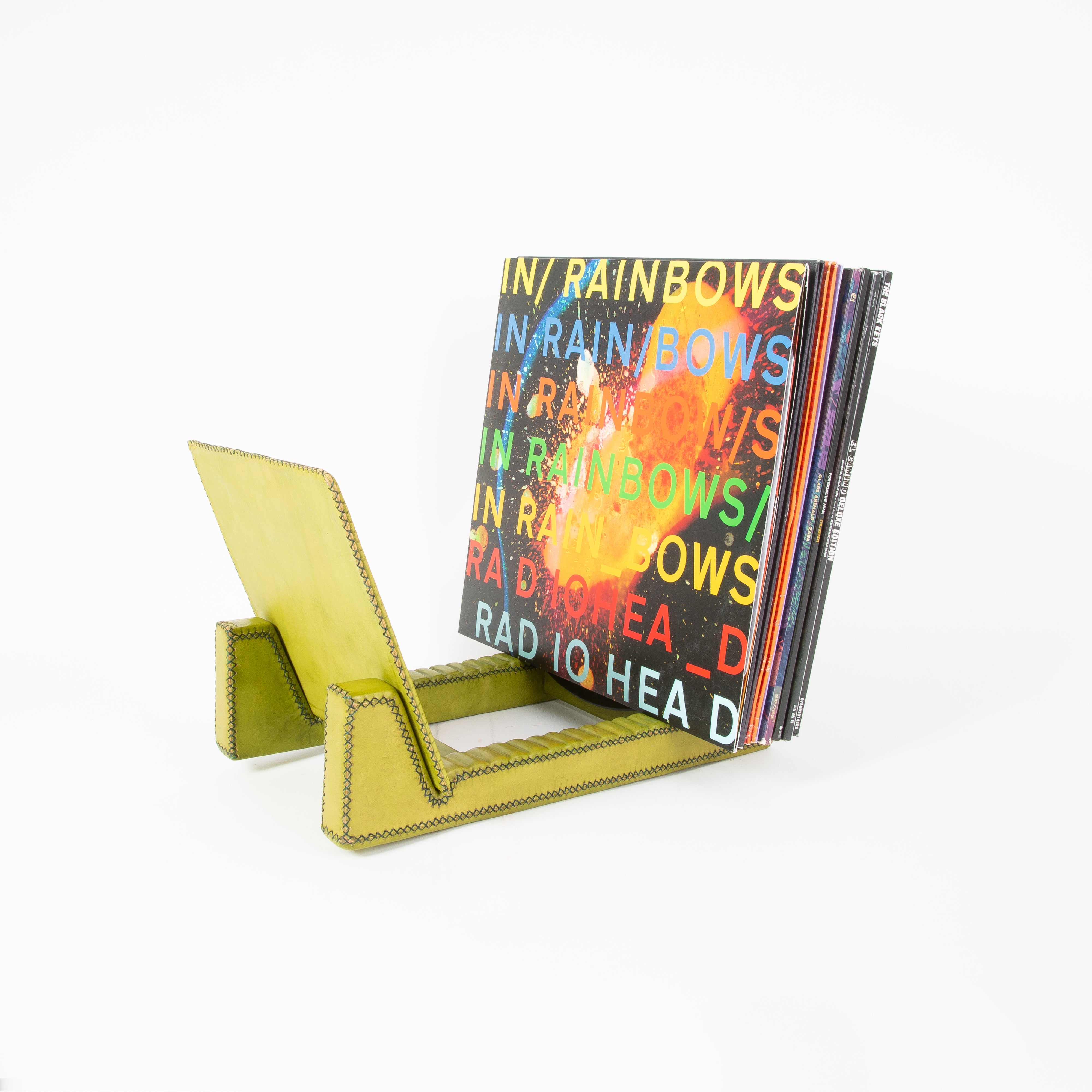 Green Leather Record Stand | Vinyl Record Stand | Music Accessories | Leather Tablewares | Home Goods | Interior Design | Leather Accessories