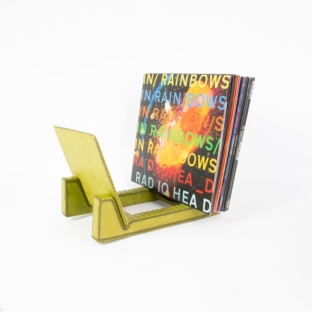 Green Leather Record Stand | Leather Record Holder | Music Accessories | Vinyl Record Holder | Vinyl Record Stand | Music Accessories | Leather Tablewares | Home Goods | Interior Design | Leather Accessories