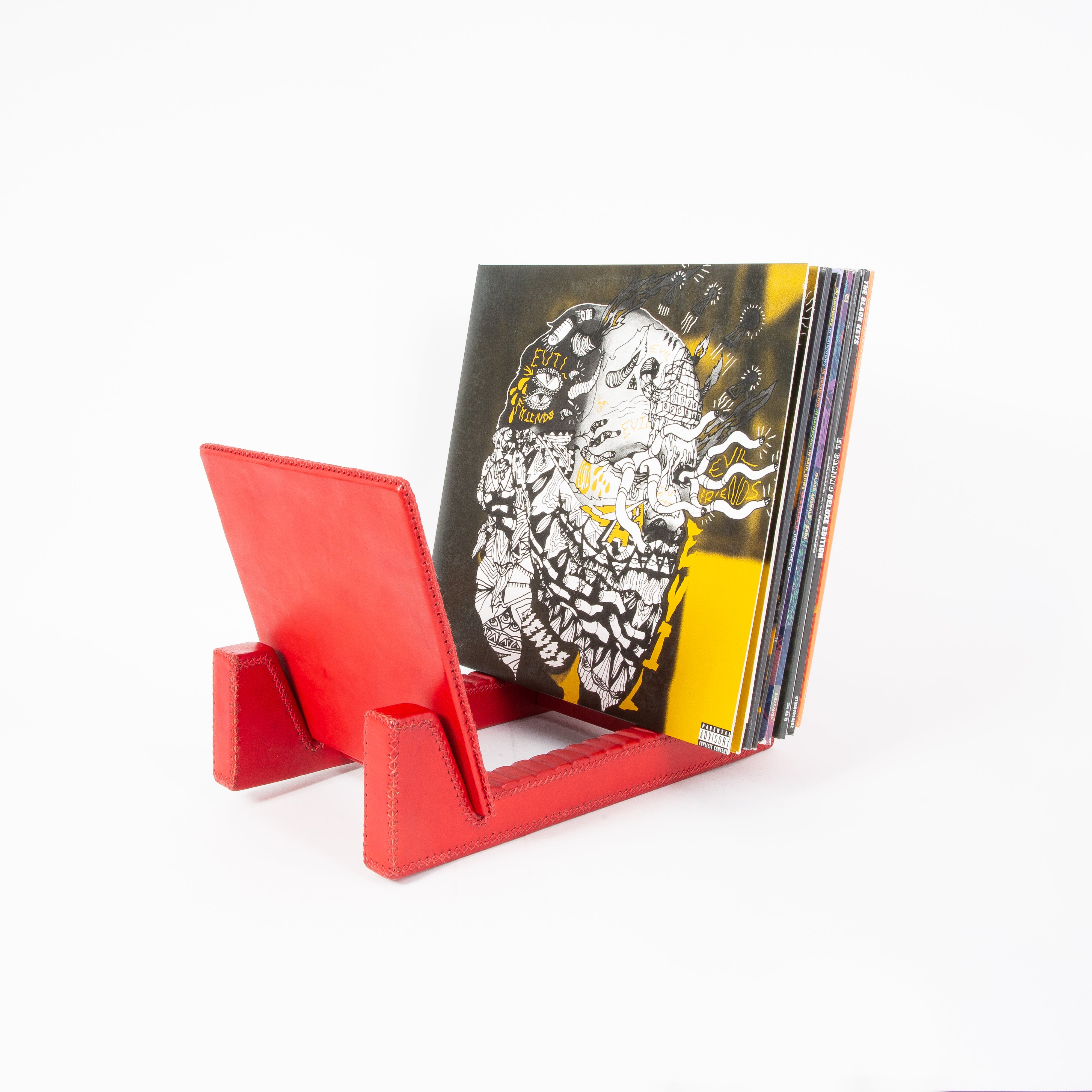 Red Leather Record Stand | Vinyl Record Stand | Music Accessories | Leather Tablewares | Home Goods | Interior Design | Leather Accessories