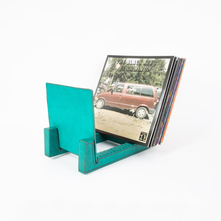 Teal Leather Record Stand | Leather Record Holder | Music Accessories | Vinyl Record Holder | Vinyl Record Stand | Music Accessories | Leather Tablewares | Home Goods | Interior Design | Leather Accessories