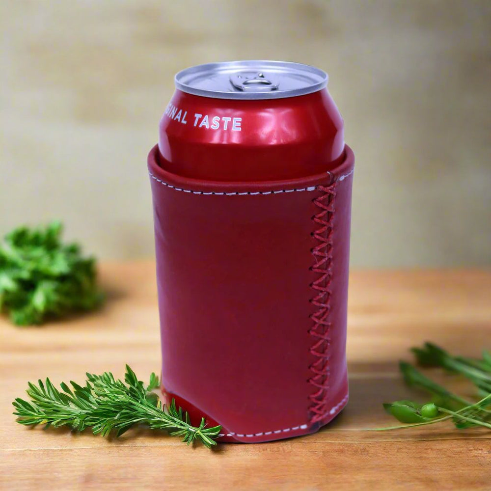 Bati | Red Leather Can Koozie | Handmade Leather Goods from Paraguay | Leather Accessories, Leather Koozie 